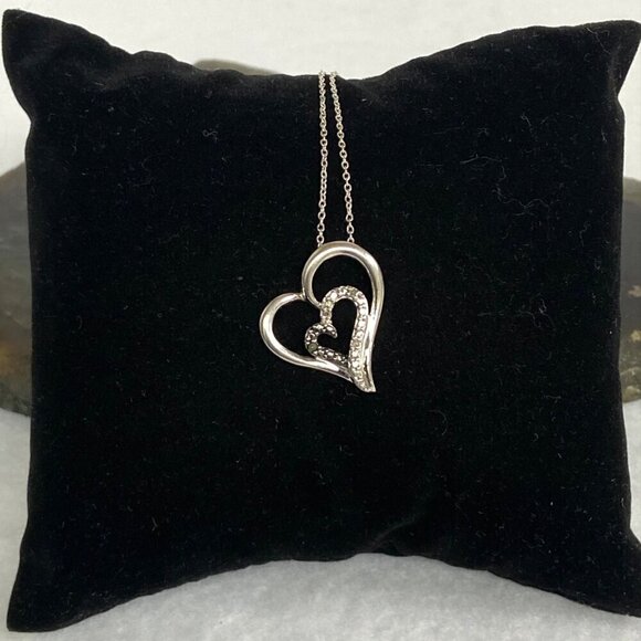 Sterling Silver 925 Diamond Open Heart Asymmetric Pendant Necklace 18" Chain - Picture 3 of 16